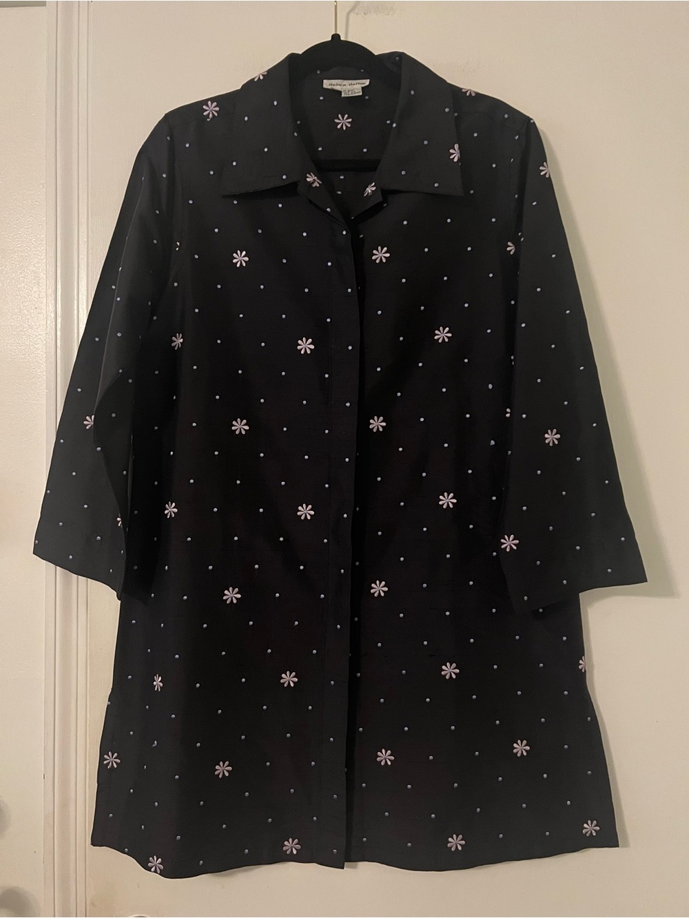 VTG Debra deRoo Silk Embroidered Floral Polka Dot Swing Coat Jacket Black M L